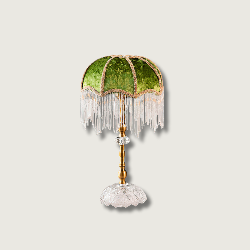 Victorian Table Lamp  Green Velvet Crystal Fringe Shade - Product showcase