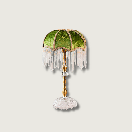 Victorian Table Lamp  Green Velvet Crystal Fringe Shade - Product showcase