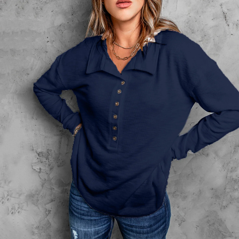 Classic Button Henley Shirt  Navy Ribbed Cotton Texture - Detailed view