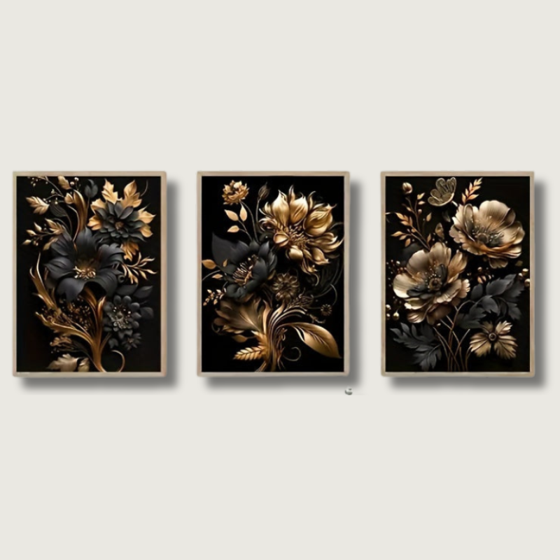 Black Gold Floral Wall Art  3-Piece Canvas Set - Product showcase