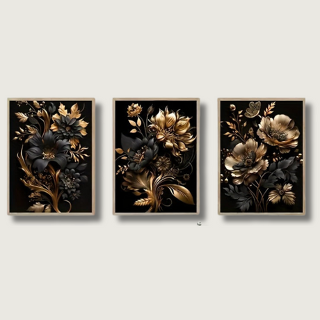 Black Gold Floral Wall Art  3-Piece Canvas Set - Product showcase