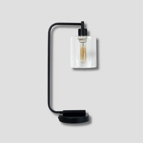 Modern Table Lamp  Glass Cylinder Black Metal Frame - Product showcase