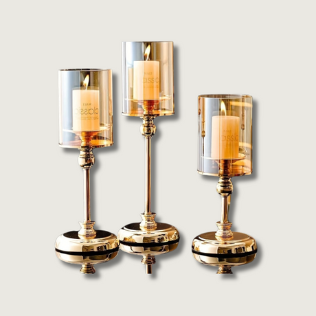 Luxury Candle Holders Set  Glass Cylinder Metal Base Design - Product showcase