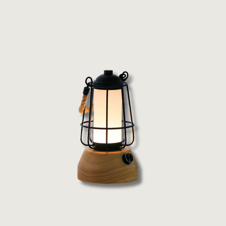 Outdoor Table Lantern  Wooden Base Metal Cage Design - Product showcase