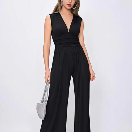 Elegant Wide Leg Jumpsuit  Deep V-Neck Design - Product showcase