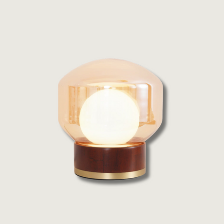 Modern Glass Table Lamp  Walnut Base with Amber Shade - Product showcase