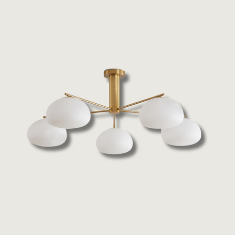 Modern Sputnik Ceiling Light  Brass Frame White Glass Shades - Product showcase