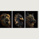 Wildlife Canvas Art Set  Golden Lion Eagle Wolf Triptych - Product showcase