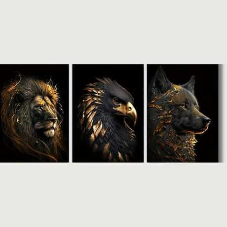 Wildlife Canvas Art Set  Golden Lion Eagle Wolf Triptych - Product showcase