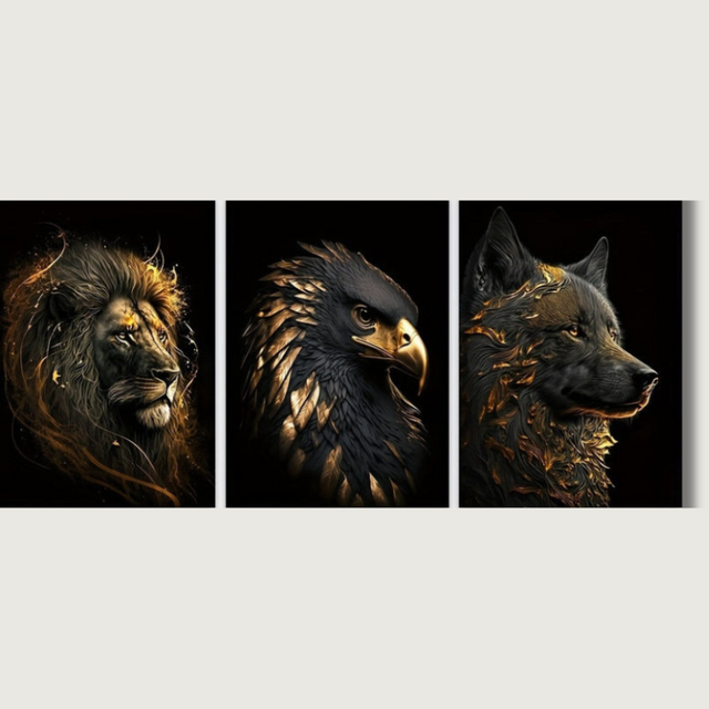 Wildlife Canvas Art Set  Golden Lion Eagle Wolf Triptych - Product showcase