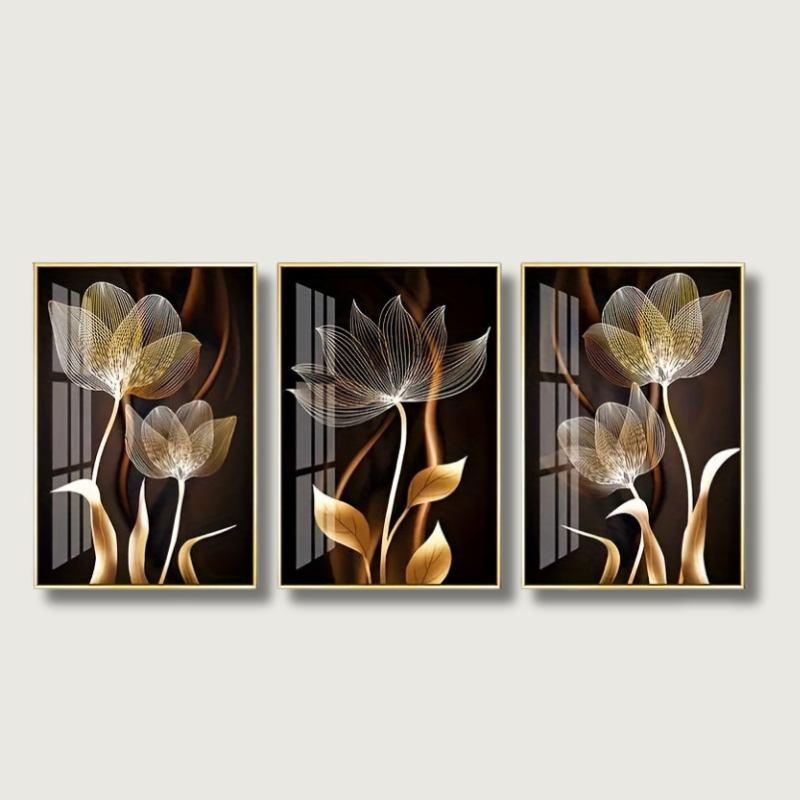 Golden Floral Canvas Art  Modern Botanical Triptych - Product showcase