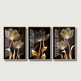 Golden Floral Canvas Art  Modern Botanical Triptych - Product showcase