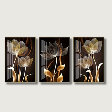 Golden Floral Canvas Art  Modern Botanical Triptych - Product showcase
