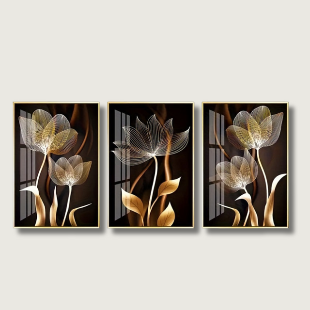 Golden Floral Canvas Art  Modern Botanical Triptych - Product showcase