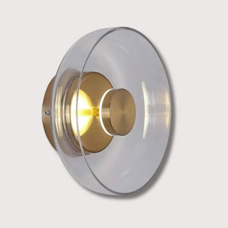 Modern Glass Wall Light  Clear Disc with Brass Accent - Product showcase