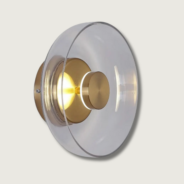 Modern Glass Wall Light  Clear Disc with Brass Accent - Product showcase