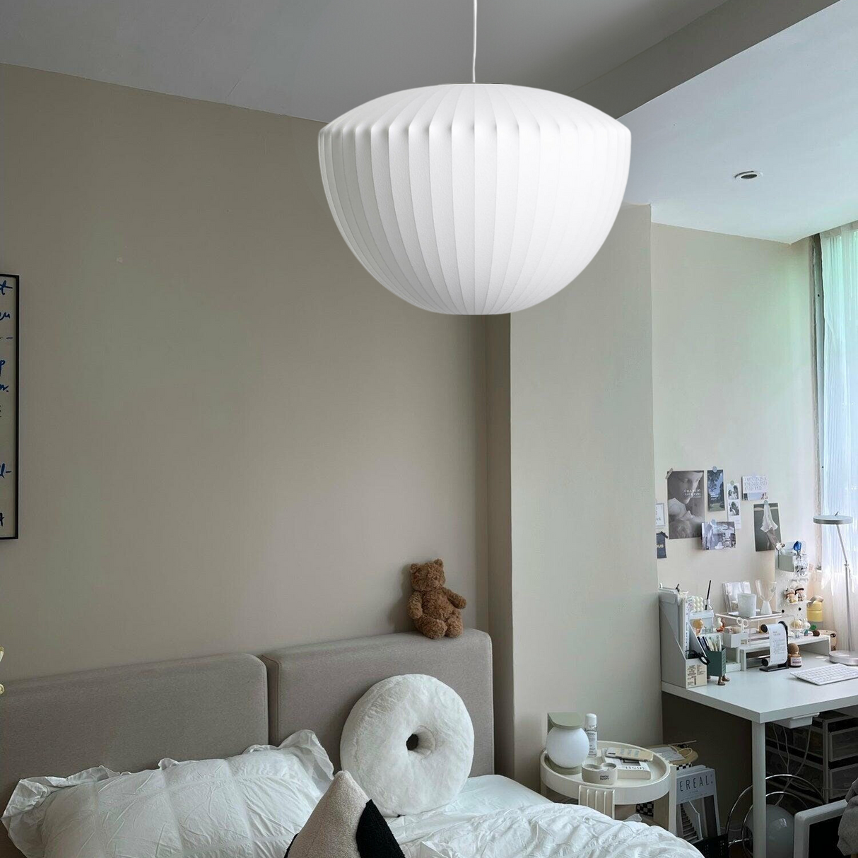 Modern Pendant Lamp  Pleated White Silk Shade - Detailed view