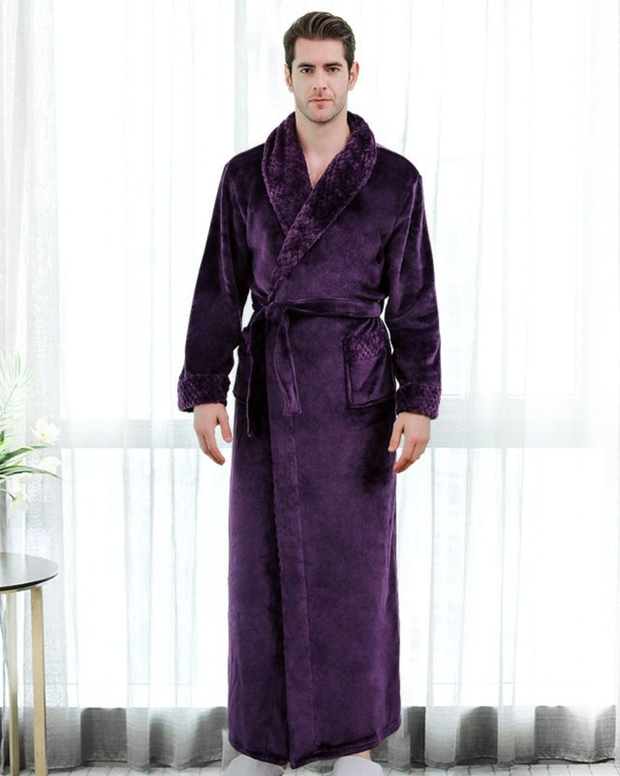 Plush Mens Bathrobe  Full Length Purple Velvet Robe - Detailed view