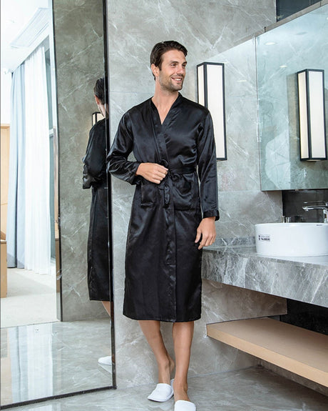 Luxury Satin Robe For Men  Black Kimono Style With Shawl Collar - Product showcase