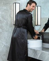 Luxury Satin Robe For Men  Black Kimono Style With Shawl Collar - Detailed view