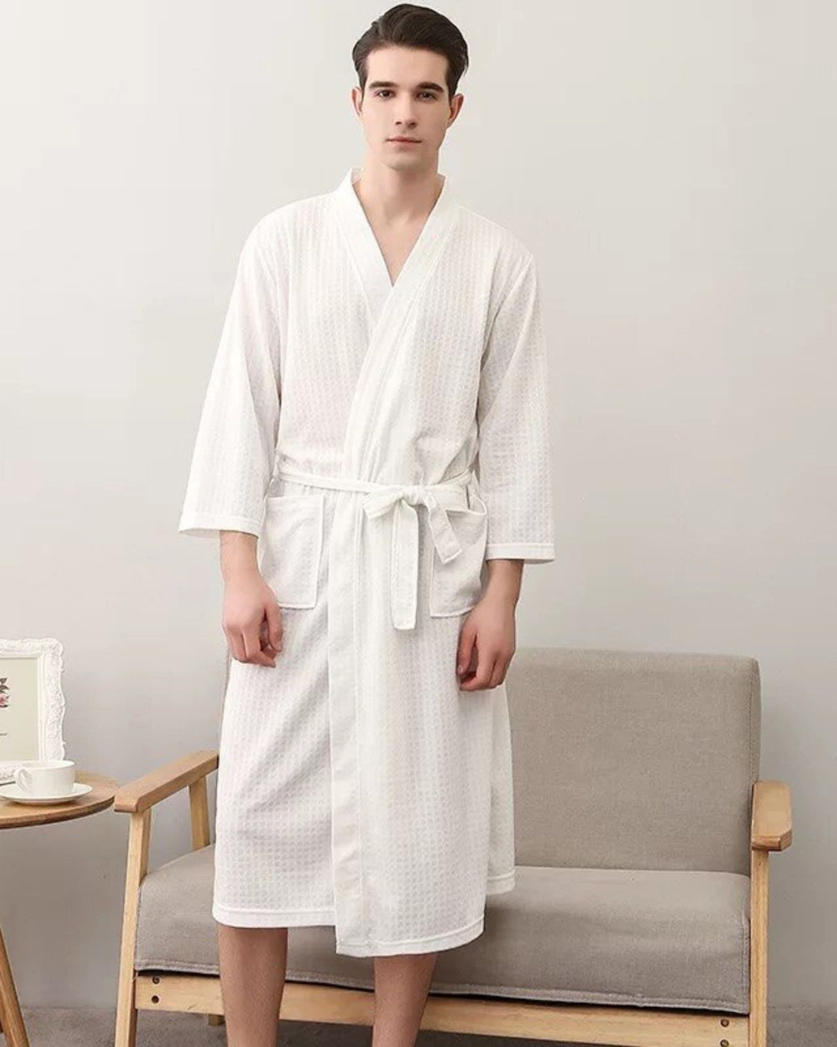 Waffle Knit Spa Robe  Cotton Kimono Style Bathrobe - Product showcase