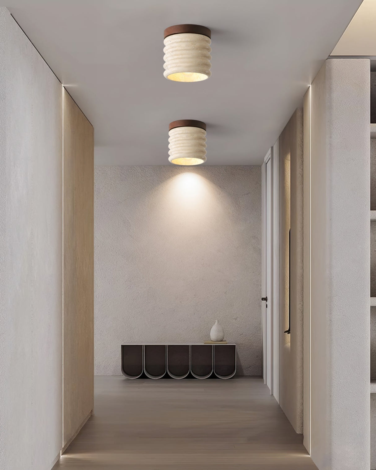 Modern Travertine Ceiling Light  Ribbed Stone and Wood Design - Product detail 13