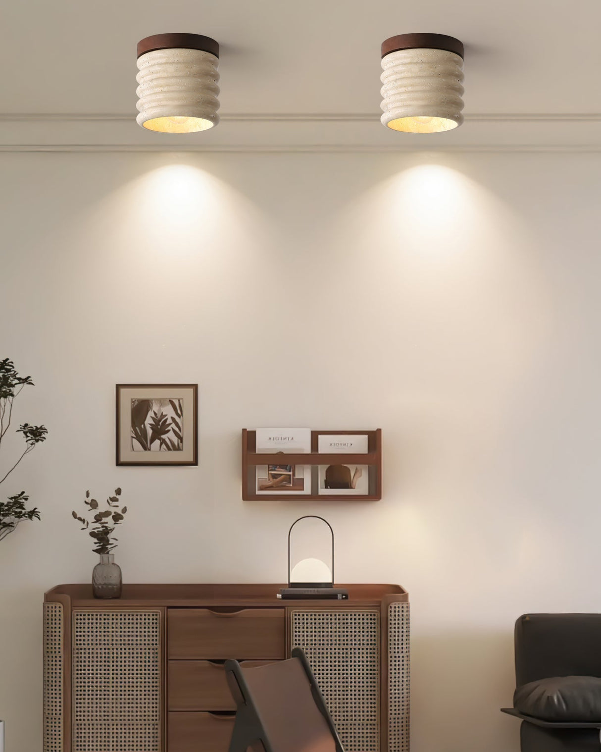 Modern Travertine Ceiling Light  Ribbed Stone and Wood Design - Product detail 14