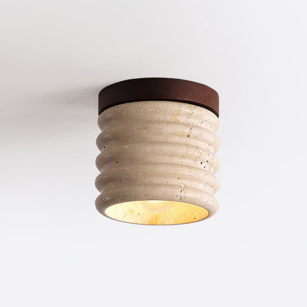 Modern Travertine Ceiling Light  Ribbed Stone and Wood Design - Detailed view