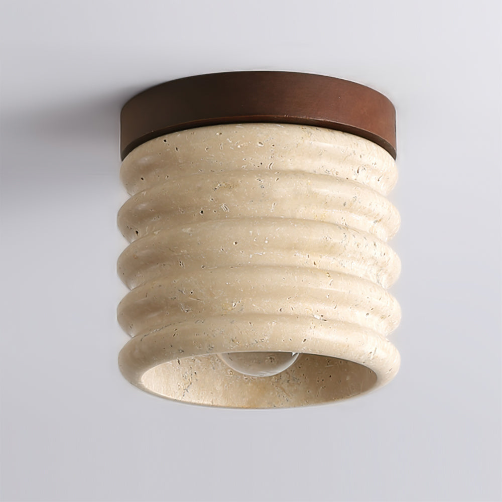 Modern Travertine Ceiling Light  Ribbed Stone and Wood Design - Product detail 4