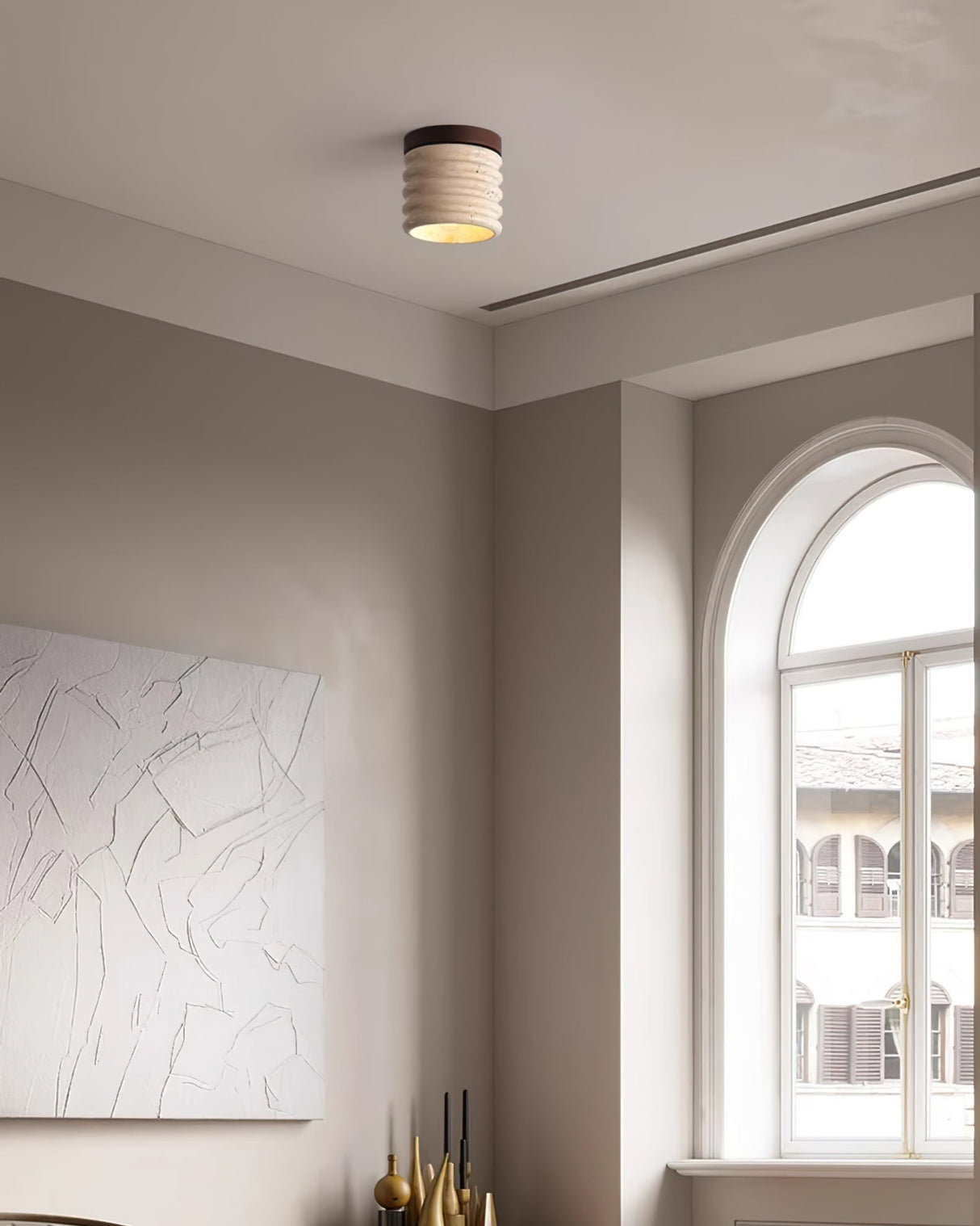 Modern Travertine Ceiling Light  Ribbed Stone and Wood Design - Product detail 9