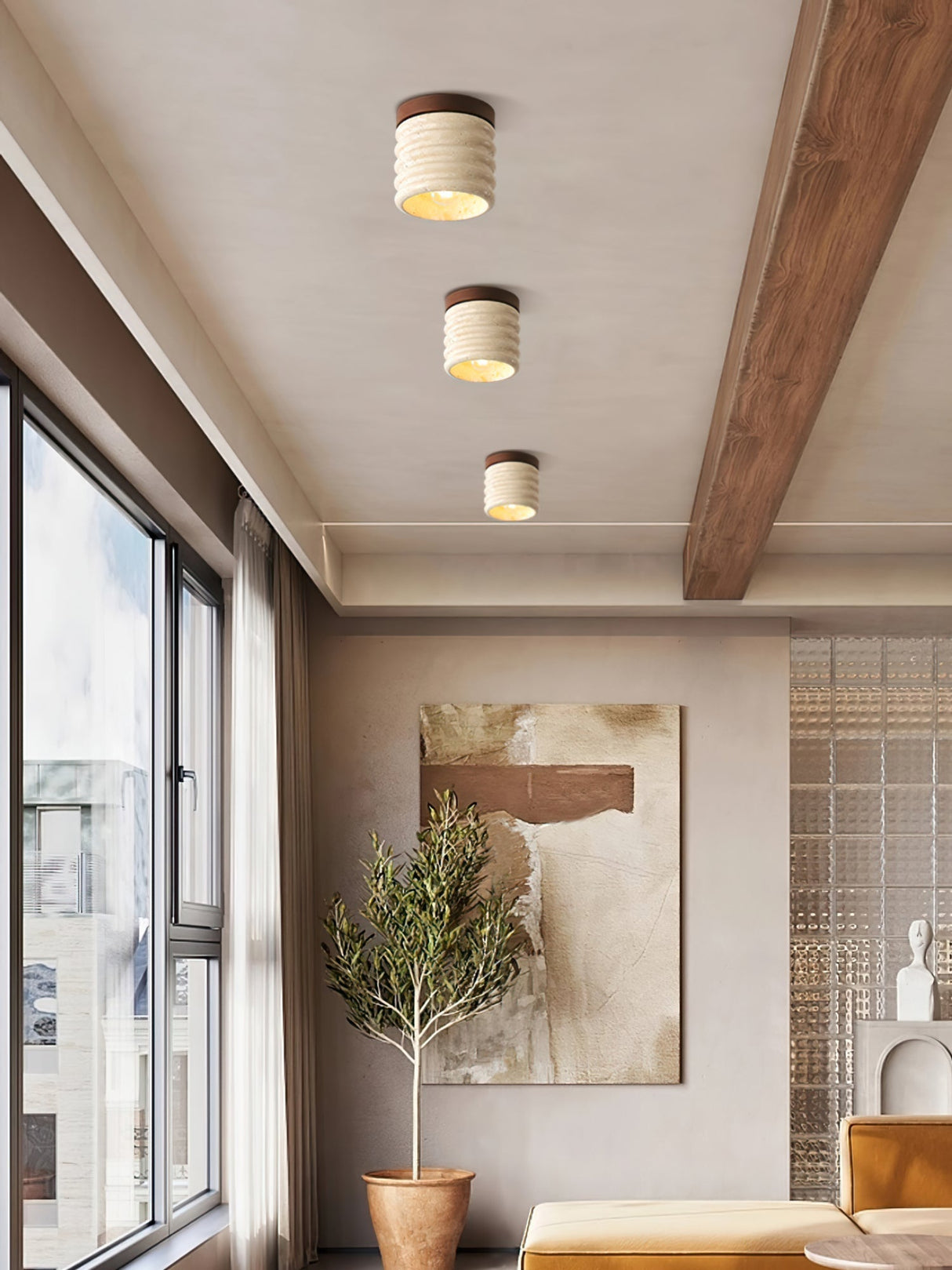 Modern Travertine Ceiling Light  Ribbed Stone and Wood Design - Product detail 10