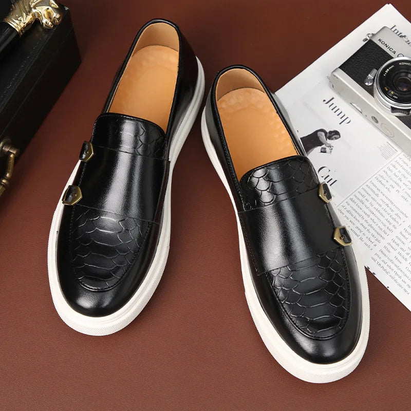 Double Monk Strap Leather Sneakers  Black Croc Pattern with White Sole - Product detail 5
