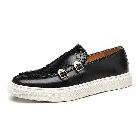 Double Monk Strap Leather Sneakers  Black Croc Pattern with White Sole - Product showcase