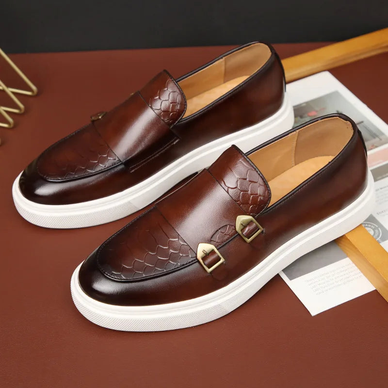 Double Monk Strap Leather Sneakers  Black Croc Pattern with White Sole - Detailed view