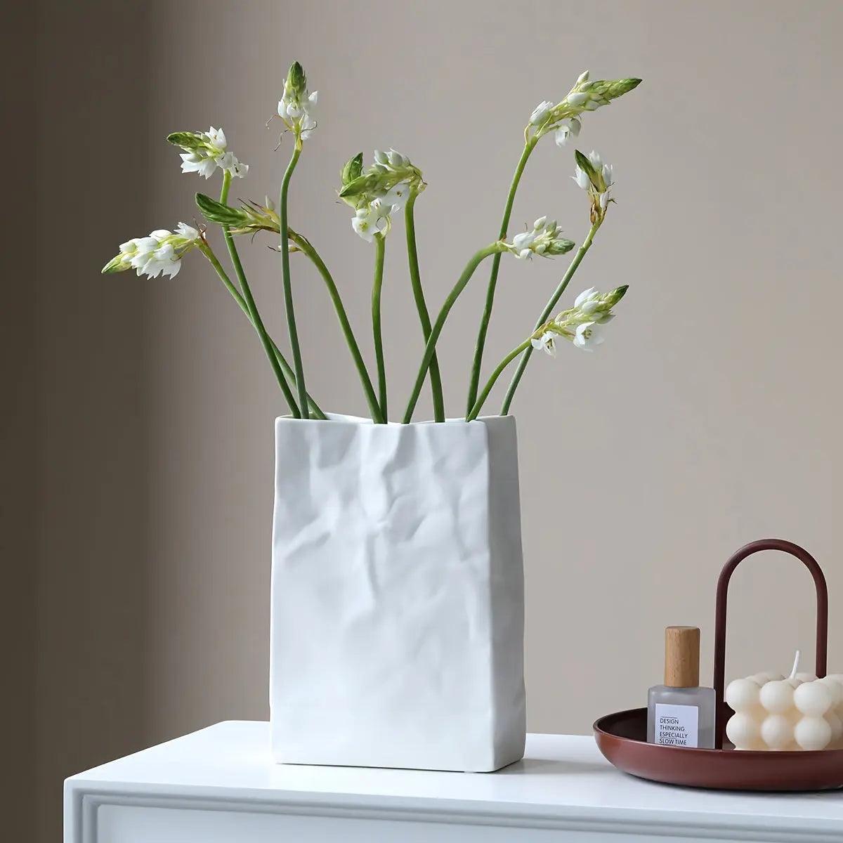 Contemporary Paper Bag Vase  White Ceramic Design - Product detail 5