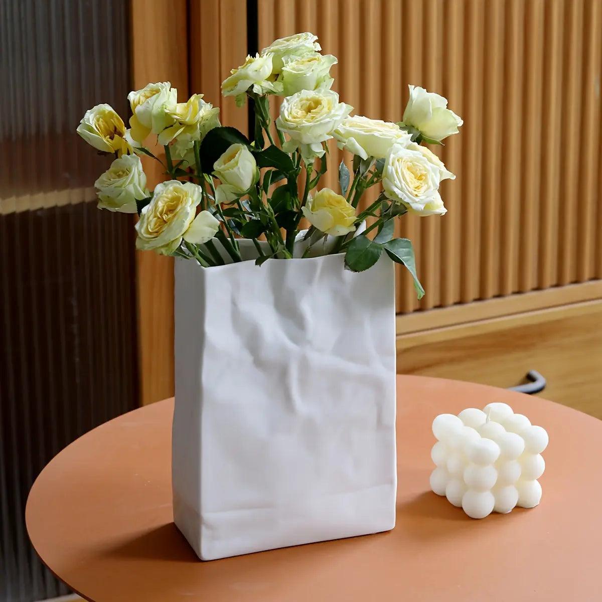 Contemporary Paper Bag Vase  White Ceramic Design - Detailed view