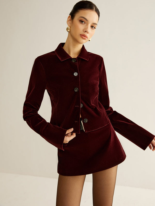 Burgundy Velvet Blazer  Short Button-Front Design - Product showcase