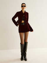Burgundy Velvet Blazer  Short Button-Front Design - Detailed view