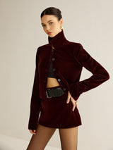 Burgundy Velvet Blazer  Short Button-Front Design - Product detail 4