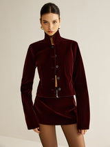 Burgundy Velvet Blazer  Short Button-Front Design - Product detail 5