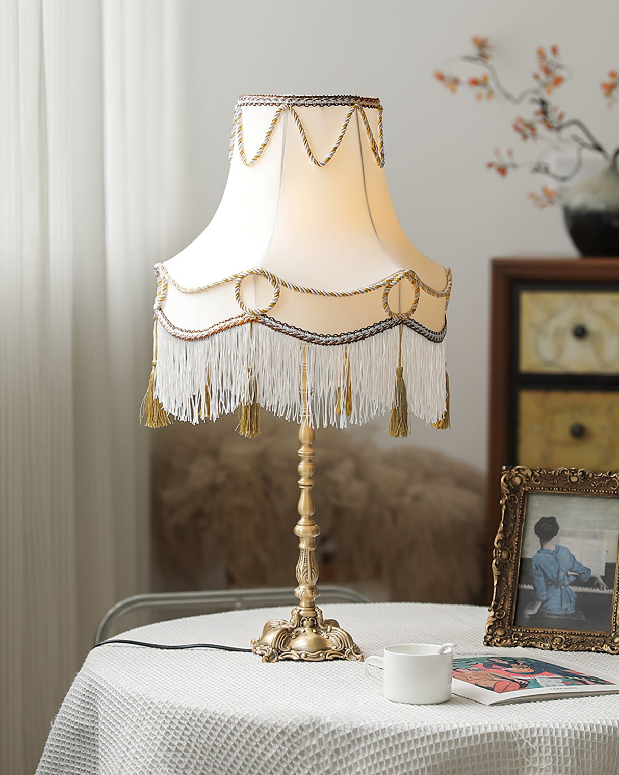 Victorian Table Lamp  Brass Base with Fringed Shade - Product detail 8