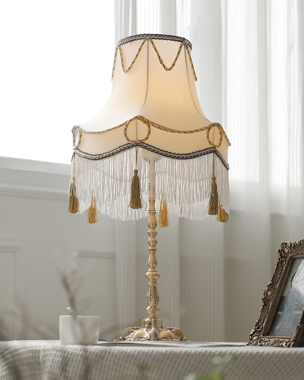 Victorian Table Lamp  Brass Base with Fringed Shade - Product detail 9