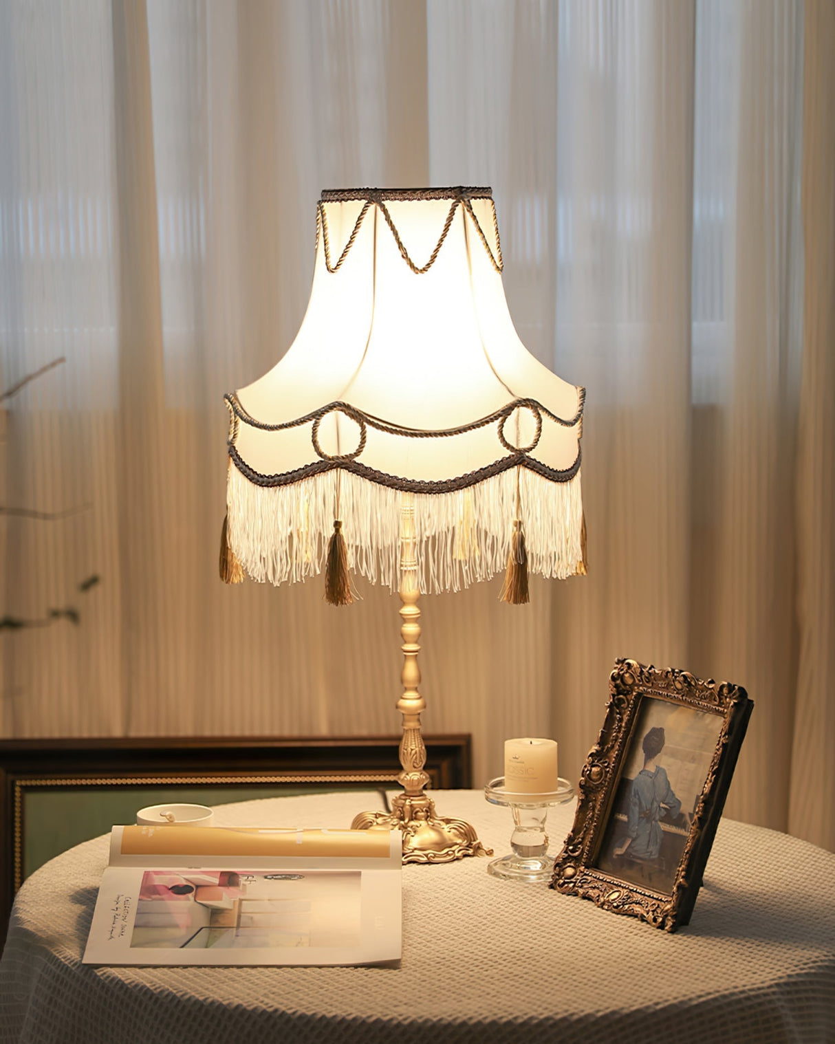 Victorian Table Lamp  Brass Base with Fringed Shade - Product detail 12