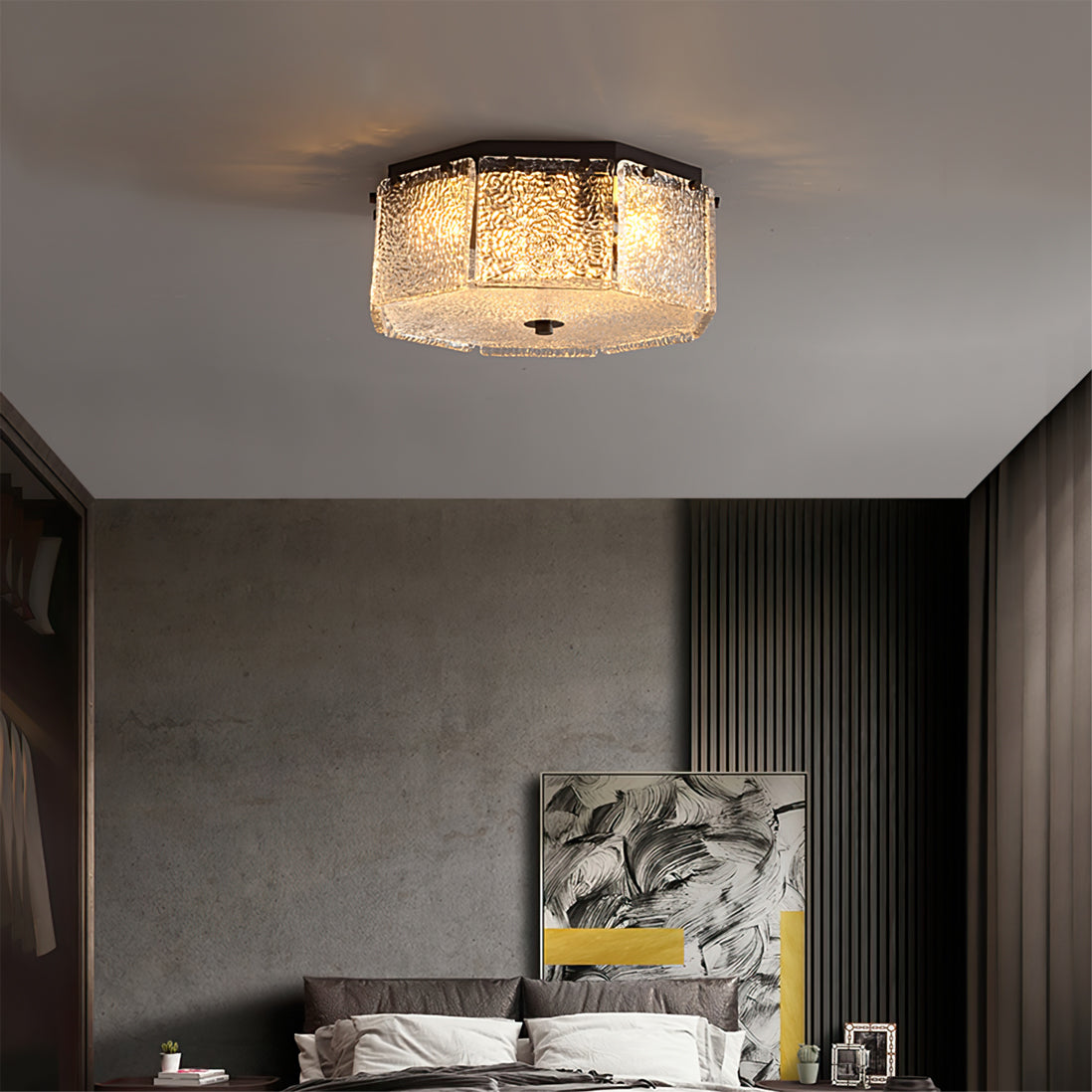 Modern Flush Mount Ceiling Light  Textured Glass Hexagonal Design - Detailed view