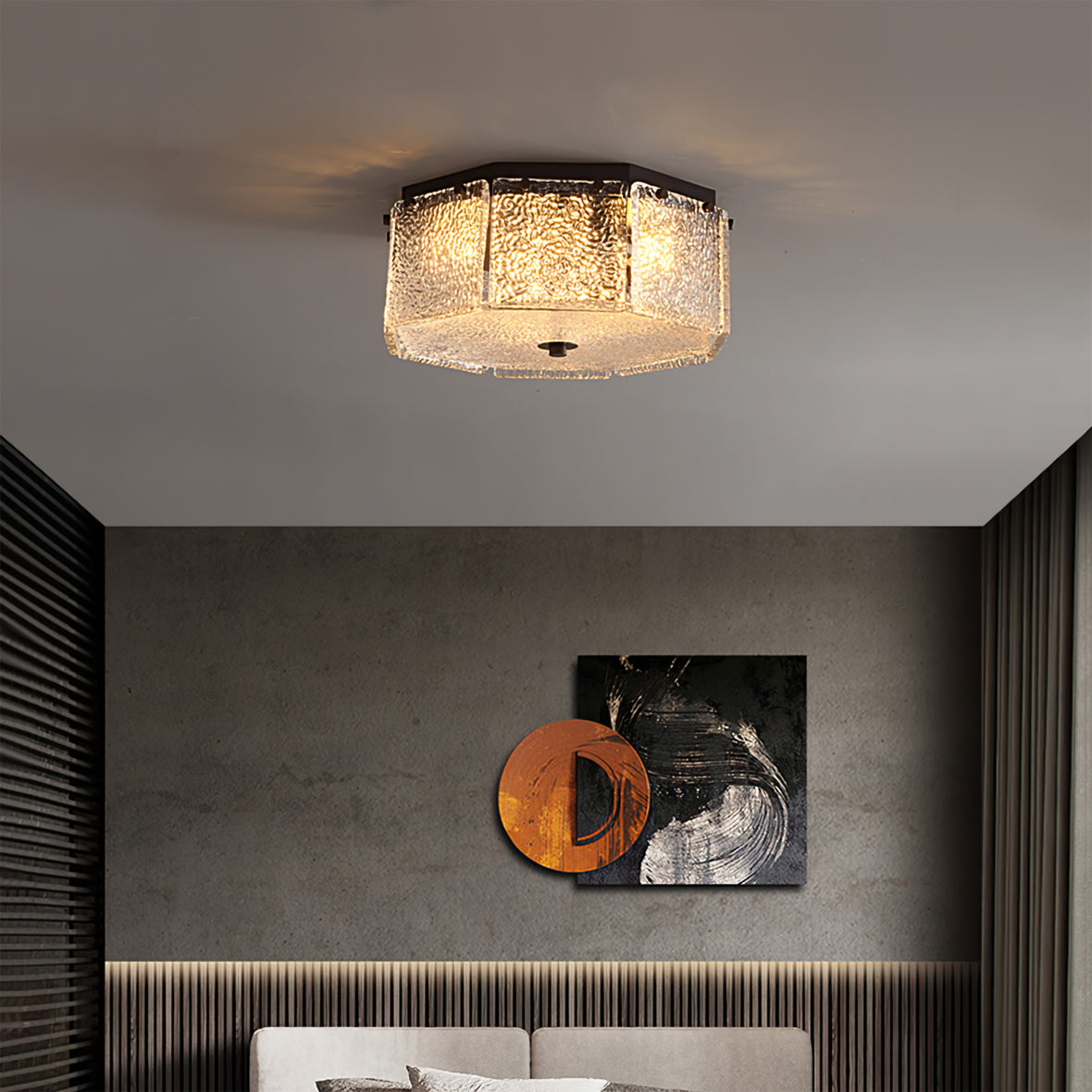 Modern Flush Mount Ceiling Light  Textured Glass Hexagonal Design - Product example
