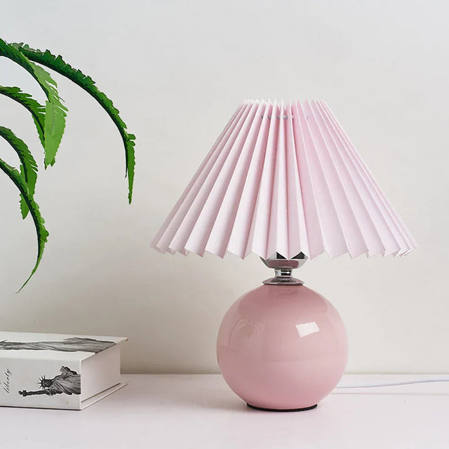 Ceramic Table Lamp  Pink Globe Base with Pleated Shade - Product showcase