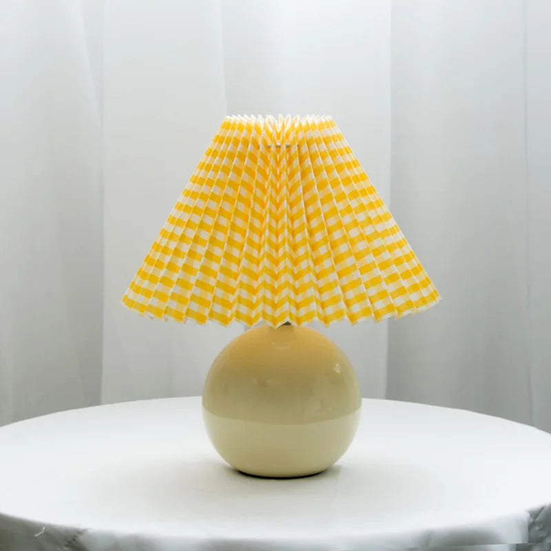 Ceramic Table Lamp  Pink Globe Base with Pleated Shade - Detailed view