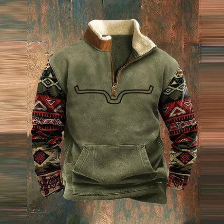 Western Fleece Pullover  Native Buffalo Print Quarter-Zip - Detailed view