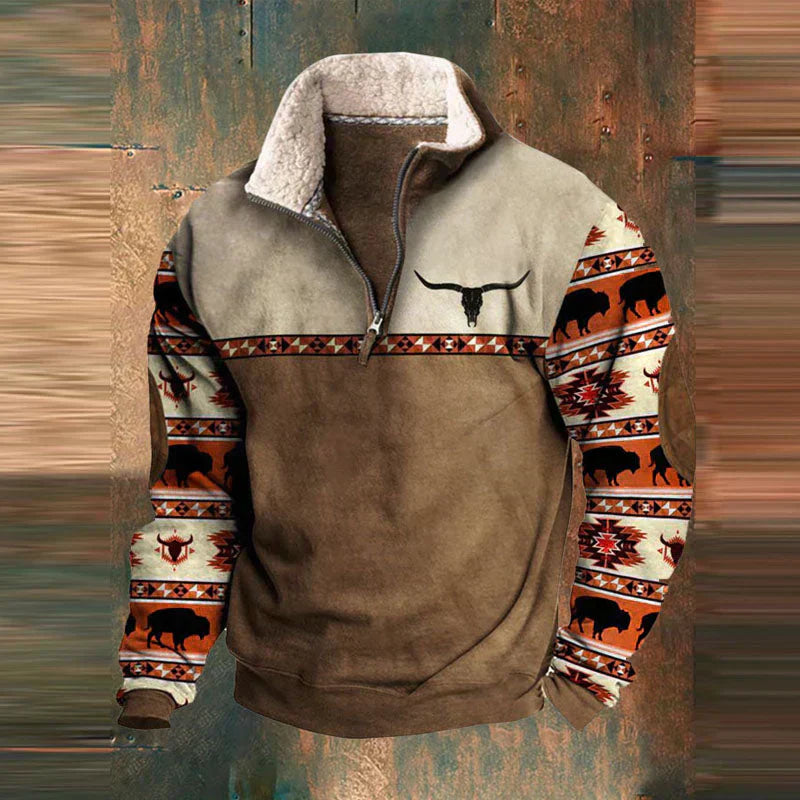 Western Fleece Pullover  Native Buffalo Print Quarter-Zip - Product showcase