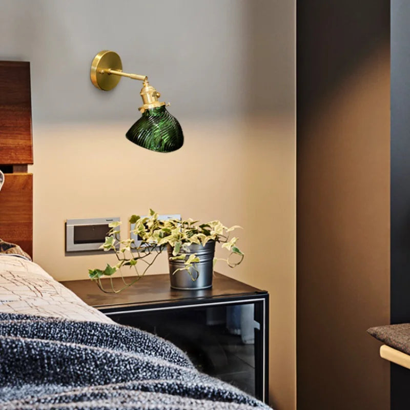 Vintage Wall Sconce  Green Glass Shade With Brass Finish - Detailed view